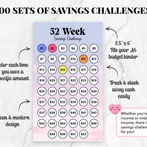 May include: A printable 52-week savings challenge chart with a pink and blue watercolor background. The chart is divided into 52 circles, each with a number from 1 to 52 and a dollar sign. The chart is designed to help people save money over the course of a year.