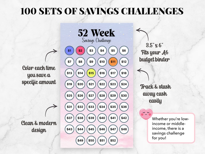 May include: A printable 52-week savings challenge chart with a pink and blue watercolor background. The chart is divided into 52 circles, each with a number from 1 to 52 and a dollar sign. The chart is designed to help people save money over the course of a year.