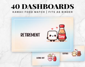 Könnte beinhalten: 40 Kawaii Food Match Dashboards, ein Satz bedruckbarer Karten mit niedlichen Lebensmittel-Illustrationen. Die Karten sind für einen A6-Ordner konzipiert. Eine Karte zeigt eine Cartoon-Reis-Kugel und eine Sojasauce-Flasche mit dem Wort "Ruhestand" auf der Karte.