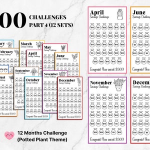 May include: A printable 12-month savings challenge with a potted plant theme. Each month features a different plant and a grid of 50 money bags with amounts ranging from $5 to $35. The total savings goal for each month is $500.