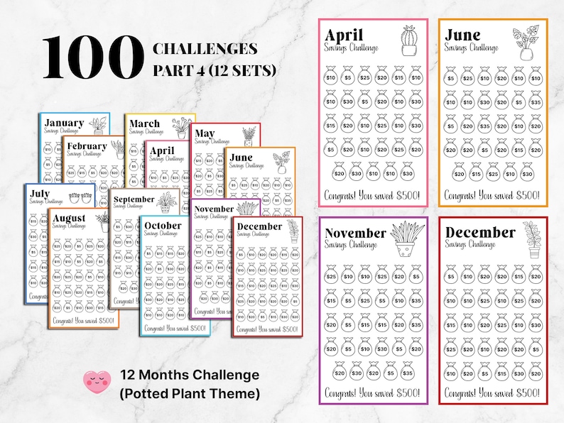 May include: A printable 12-month savings challenge with a potted plant theme. Each month features a different plant and a grid of 50 money bags with amounts ranging from $5 to $35. The total savings goal for each month is $500.