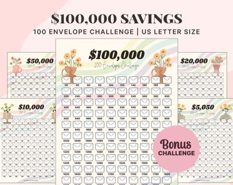 100k Envelope Challenge Printable Flower Theme, 100 Cash Envelope Box, 52 Week Envelope Challenge, 5050 Savings Challenge, Money Challenge