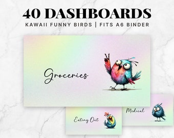 Könnte beinhalten: Set mit 40 bunten, druckbaren Dashboards mit niedlichen Comic-Vögeln. Die Dashboards sind für die Verwendung in einem A6-Ordner konzipiert. Das Bild zeigt drei Beispiele: "Lebensmittel", "Essen gehen" und "Medizinisch".