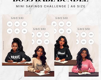 Könnte beinhalten: Ein Satz von vier druckbaren A6-Spar-Challenge-Karten mit Illustrationen von Frauen mit motivierenden Worten wie "Brave", "Bold", "Blessed" und "Gray". Jede Karte hat ein Raster mit Kreisen mit Dollarbeträgen für Sparziele von 30 $ und 50 $.
