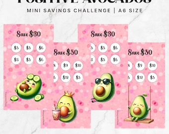 Könnte beinhalten: Eine rosa-weiße druckbare Spar-Challenge mit drei Avocado-Illustrationen. Jede Karte zeigt eine andere Avocado-Figur und ein Sparziel von 30 € oder 50 €. Die Karten haben einen rosa Hintergrund mit weißen Punkten und den Text "Spare 30 €" oder "Spare 50 €".