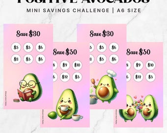 Könnte beinhalten: Vier rosa Karten mit Avocado-Illustrationen und dem Text "Spare 30 $" und "Spare 50 $". Jede Karte hat einen anderen Avocado-Charakter und ein Raster mit Zahlen, um Sparziele zu verfolgen.