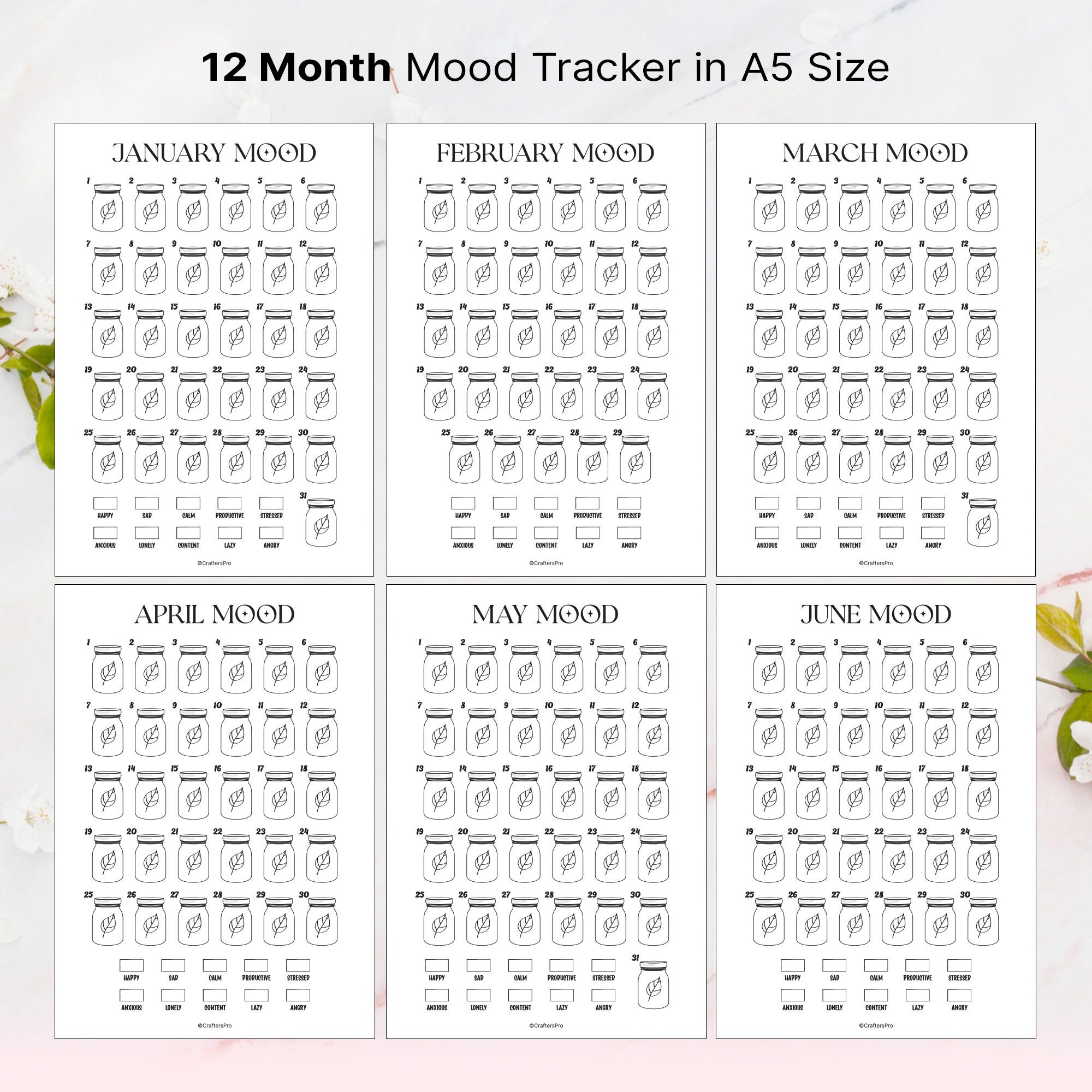 Daily Mood Tracker Leaf Jar Bundle, Printable Monthly Tracker Bundle ...