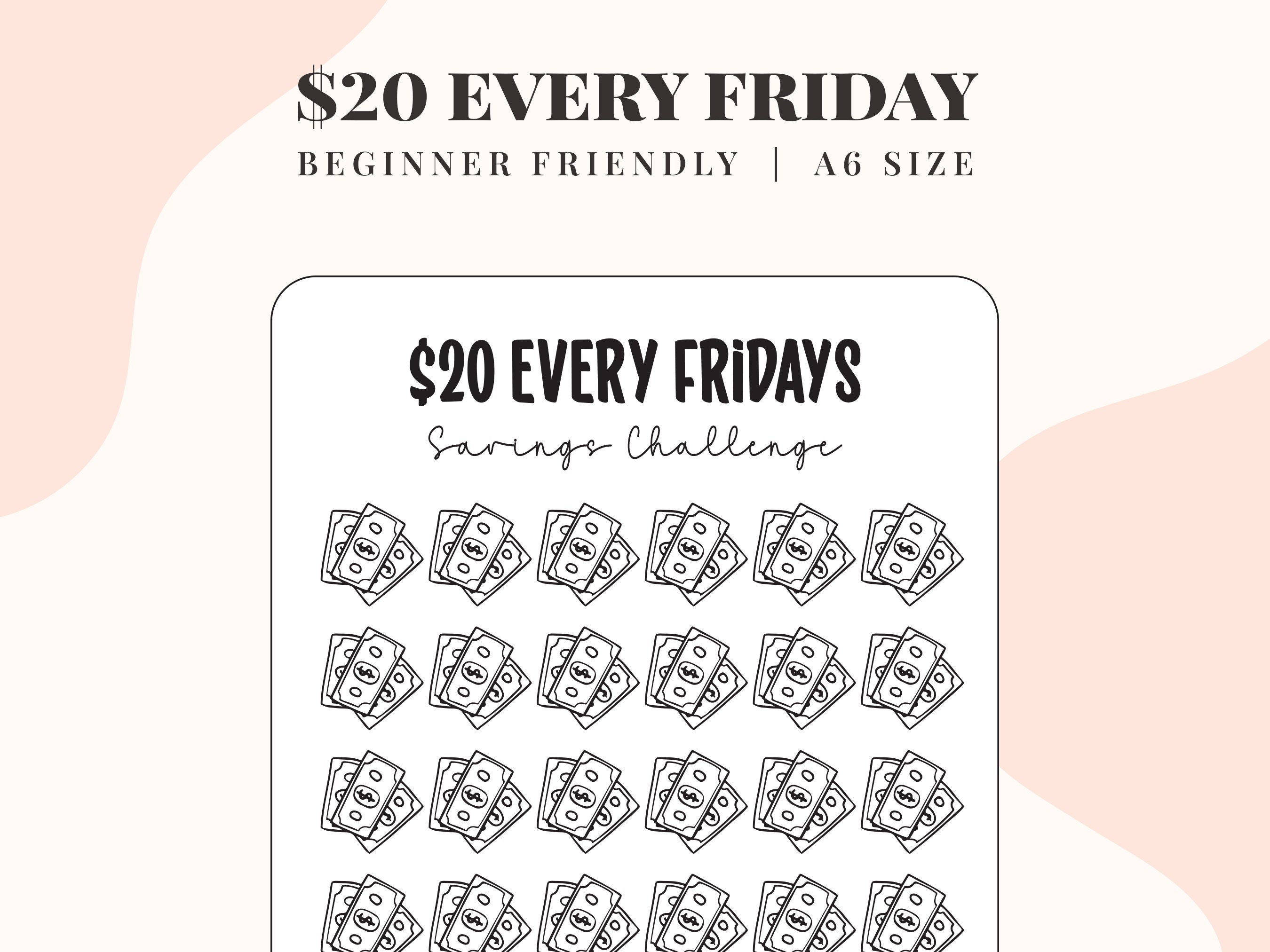 Save 20 Dollars Every Friday, 52 Week Savings Challenge, 1k