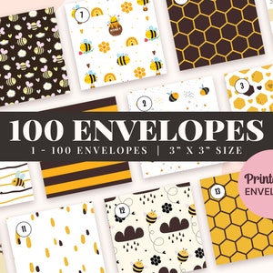 Könnte beinhalten: Ein Set mit 100 bedruckbaren Umschlägen mit 14 verschiedenen Designs zum Thema Bienen. Die Umschläge sind 7,6 cm x 7,6 cm groß und perfekt, um Ihrer Post einen Hauch von Verspieltheit zu verleihen.