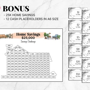 May include: A printable home savings challenge chart with a house shape, divided into squares with dollar amounts. The chart is designed to help people save $25,000. The image also includes 12 printable cash placeholders in A6 size, with amounts ranging from $1 to $20,000.