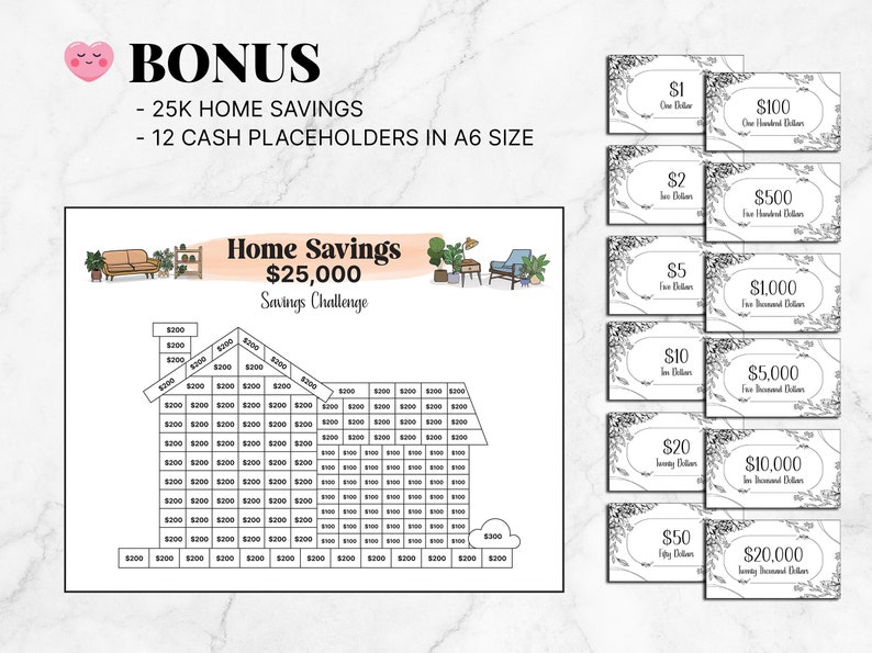 May include: A printable home savings challenge chart with a house shape, divided into squares with dollar amounts. The chart is designed to help people save $25,000. The image also includes 12 printable cash placeholders in A6 size, with amounts ranging from $1 to $20,000.
