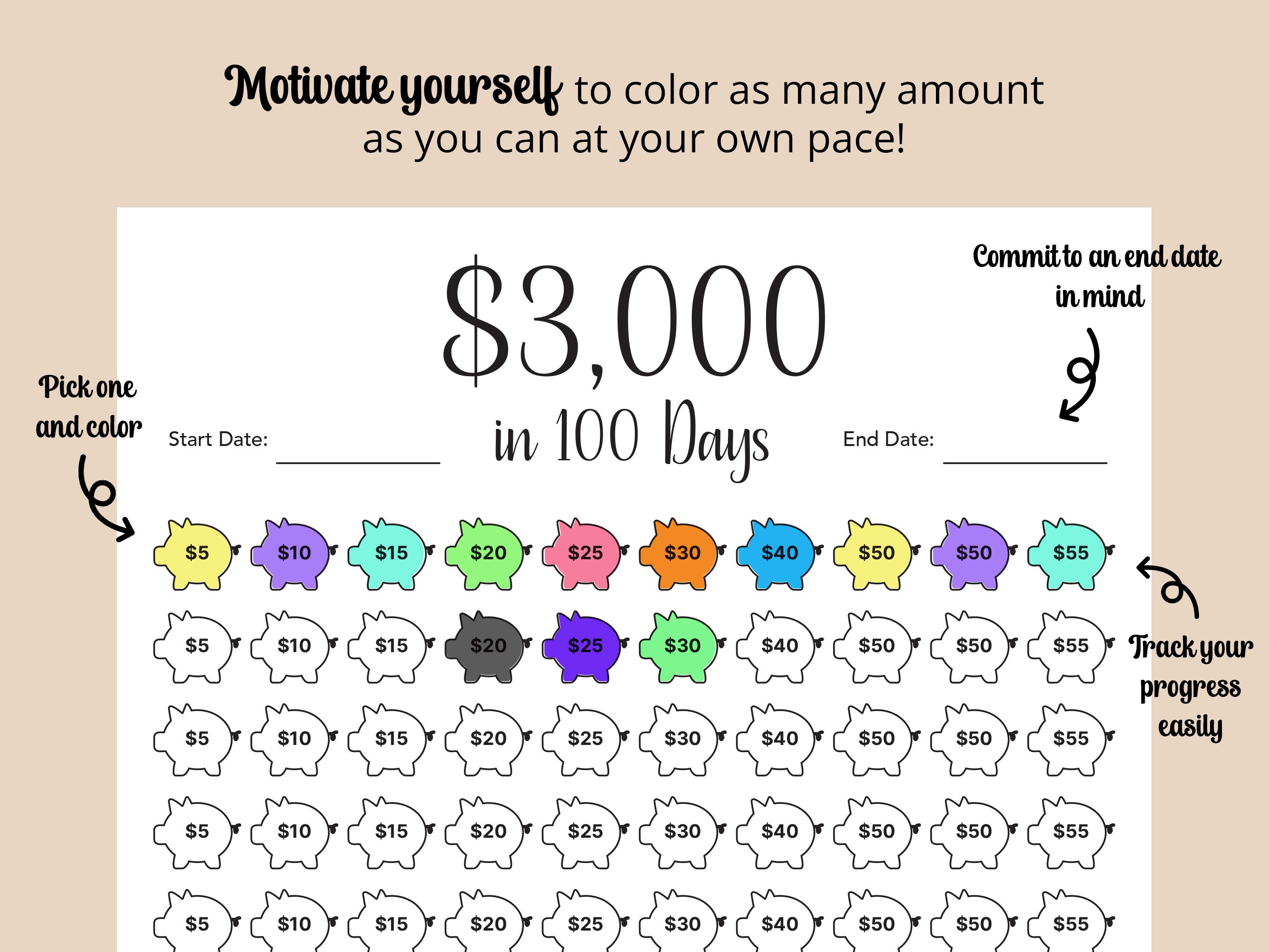 3k in 100 Days, 3k Savings Challenge, 3000 Dollars Tracker