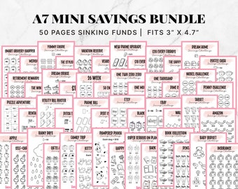 Mini paquete de ahorros A7 de 50 páginas, ahorro semanal y mensual, ahorro de efectivo, fondos de emergencia, carpeta de presupuesto (juego de 50), tamaño A7