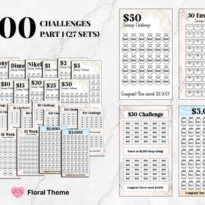May include: A set of 100 printable savings challenge trackers with a floral theme. The trackers include challenges for saving amounts from pennies to $5,000. The trackers are designed to help people save money and reach their financial goals.