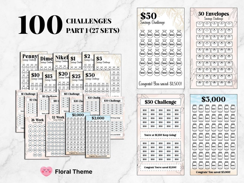 May include: A set of 100 printable savings challenge trackers with a floral theme. The trackers include challenges for saving amounts from pennies to $5,000. The trackers are designed to help people save money and reach their financial goals.
