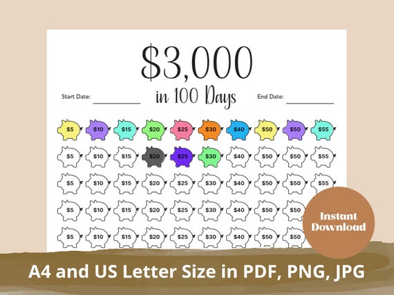 まる　100Days Saving Challenge Box　ハートクマ Kids Savings Tracker, Printable Savings Challenge for Kids