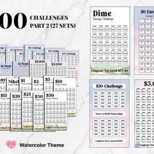 May include: A set of 100 printable savings challenge trackers in a watercolor theme. The trackers include challenges for saving pennies, nickels, dollars, and more. There are also challenges for saving $1,000, $2,000, $3,000, and $5,000. The trackers are designed to help you reach your savings goals.