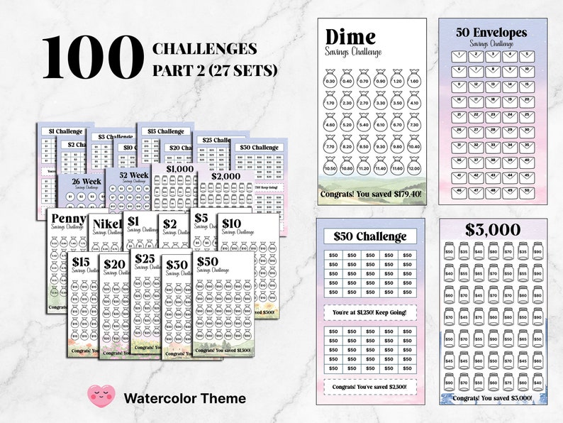 May include: A set of 100 printable savings challenge trackers in a watercolor theme. The trackers include challenges for saving pennies, nickels, dollars, and more. There are also challenges for saving $1,000, $2,000, $3,000, and $5,000. The trackers are designed to help you reach your savings goals.
