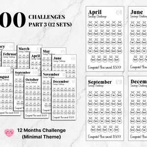 May include: A printable savings challenge tracker with 12 monthly sheets. Each sheet features a black and white design with a money bag icon for each day. The tracker includes the text "100 Challenges Part 3 (12 Sets)" and "12 Months Challenge (Minimal Theme)".