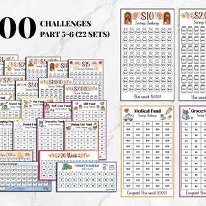 May include: A set of 100 printable savings challenge charts. The charts are designed to help you save money for different goals, such as a medical fund, travel fund, pet fund, self-care fund, gift fund, shopping fund, dental fund, groceries fund, dining out fund, and more. The charts are organized into 22 sets, with each set containing 5-6 charts. The charts are black and white with colorful borders and icons.