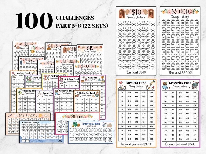 May include: A set of 100 printable savings challenge charts. The charts are designed to help you save money for different goals, such as a medical fund, travel fund, pet fund, self-care fund, gift fund, shopping fund, dental fund, groceries fund, dining out fund, and more. The charts are organized into 22 sets, with each set containing 5-6 charts. The charts are black and white with colorful borders and icons.