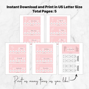 May include: Printable pink and white monthly habit tracker with floral accents. The tracker includes a page for each month of the year and a page for tracking habits throughout the year. The text "Print as many times as you like!" is included at the bottom of the image.