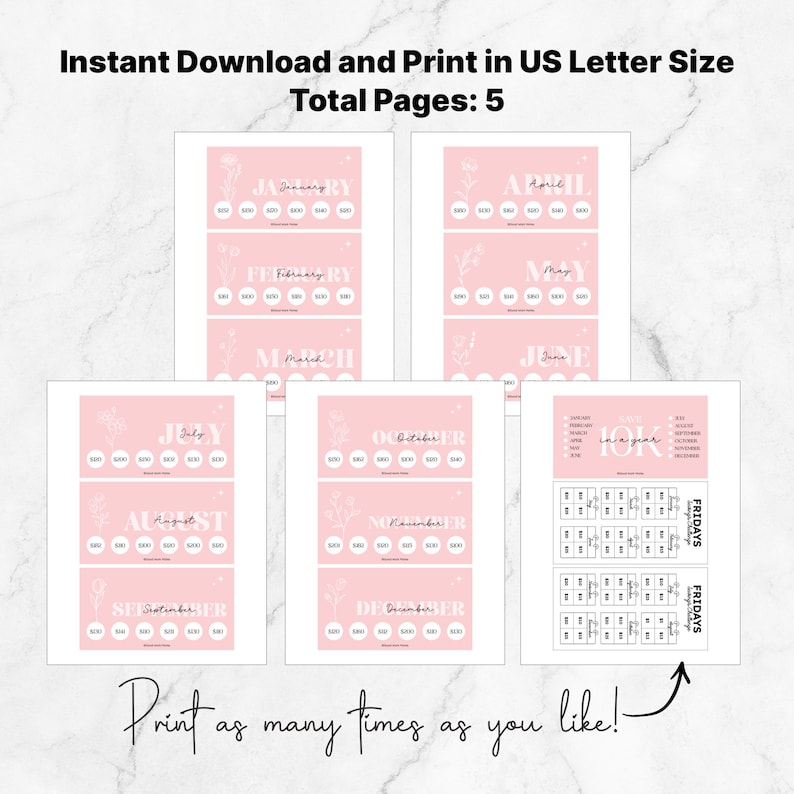 May include: Printable pink and white monthly habit tracker with floral accents. The tracker includes a page for each month of the year and a page for tracking habits throughout the year. The text "Print as many times as you like!" is included at the bottom of the image.