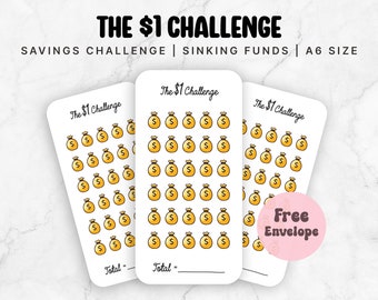 1 Dollar Savings Challenge, Coin Saving Challenge Envelope, 52 Week Savings Challenge, Cash Stuffing, Sinking Funds, A6 Budget Binder Insert