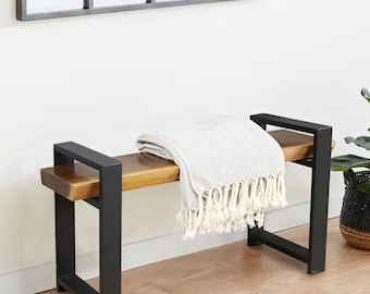 Square Metal Bench Legs 19" Black, Heavy Duty Flat Table Base Set of 2, Mid-Century Modern