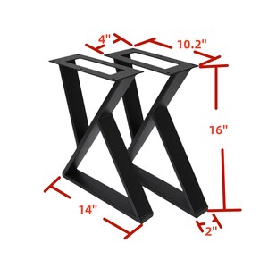 May include: Two black metal table legs in an X shape. The legs are 16 inches tall, 14 inches wide, and 10.2 inches deep. The legs are 4 inches wide at the top.