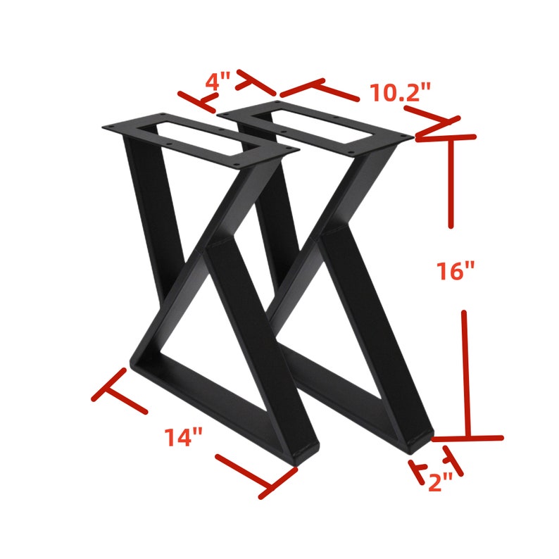 May include: Two black metal table legs in an X shape. The legs are 16 inches tall, 14 inches wide, and 10.2 inches deep. The legs are 4 inches wide at the top.