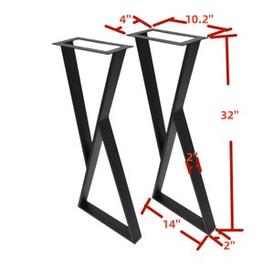 May include: Two black metal table legs with a criss-cross design. Each leg measures 14 inches wide, 10.2 inches deep, and 32 inches tall.