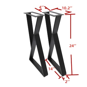 May include: Two black metal table legs with an X-shaped design. Each leg measures 10.2 inches wide, 24 inches tall, and 14 inches deep. The legs are spaced 2 inches apart.