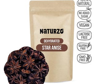 May include: A brown paper pouch labeled Naturzo Dehydrated Star Anise with a cluster of dark brown star-shaped spice pods in the foreground. The packaging features icons stating 100% Natural, No Added Sugar, Vegan, Lactose Free, Gluten Free, and GMO Free.