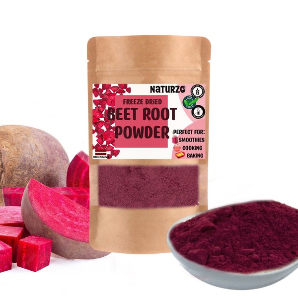 Freeze dried Beet root powder without additives, preservatives or added sugar. For smoothies, vegan recipes. Natural baking food coloring.