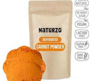 May include: A package of Naturzo dehydrated carrot powder with a pile of orange powder in front. The package has text that reads "Dehydrated Carrot Powder". Additional labels indicate the product is 100% natural, vegan, lactose-free, gluten-free, and GMO-free.