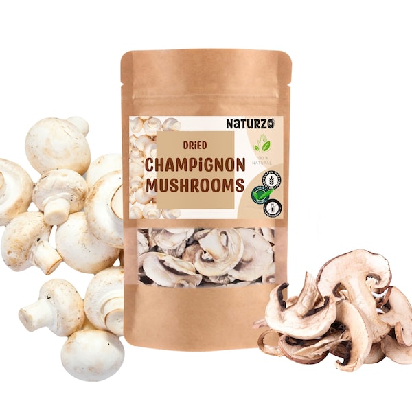 Tranches de champignons séchées sans additifs ni conservateurs. Agaricus bisporus déshydraté Bouton blanc gourmand Cuisson Sauces naturelles