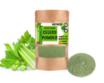 Freeze dried Celery instant juice powder without additives, preservatives or added sugar. For smoothies vegan recipes. Natural Fiber source