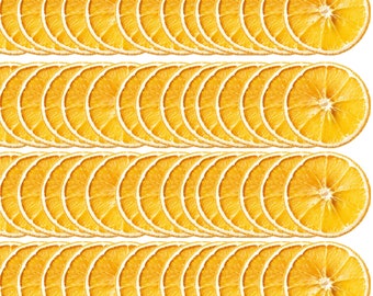 May include: A close-up of four rows of dried orange slices. The orange slices are arranged in a repeating pattern, with each slice overlapping the next. The slices are a vibrant orange colour and have a slightly translucent quality.