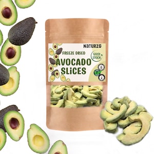 Freeze dried Avocado slices without additives, preservatives or added sugar. For smoothies, vegan recipes, baking, cooking. Long shelf life.