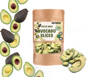 Fette di avocado liofilizzato senza additivi, conservanti o zuccheri aggiunti. Per frullati, ricette vegane, pasticceria, cucina. Lunga durata.