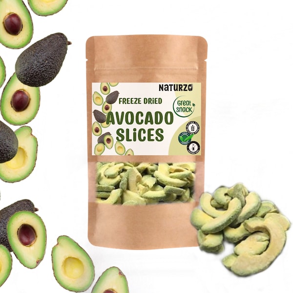 Freeze dried Avocado slices without additives, preservatives or added sugar. For smoothies, vegan recipes, baking, cooking. Long shelf life.