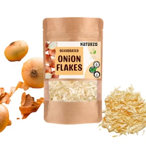 Gedehydrateerde uienvlokken, gedroogd Natuurlijk allium cepa. Voor soepen, salades, pizza, kamperen, wandelen, lang houdbare voeding zonder toevoegingen of suiker