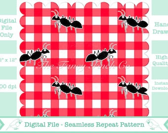 Picnic Ants Seamless Pattern: Red Gingham Plaid (Digital Download)