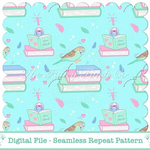 May include: A seamless repeat pattern with a light blue backdrop, showcasing books, birds, hearts, and butterflies. The books are in pink, blue, and green. The birds are reading books that say "Love Birds". The text "Digital File - Seamless Repeat Pattern" is at the bottom.