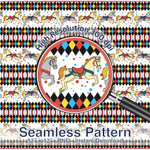 May include: Seamless pattern featuring carousel horses in a repeating design. The pattern includes a circular design with a carousel horse and a diamond pattern in red, black, yellow, and blue. The text "Seamless Pattern" is visible.