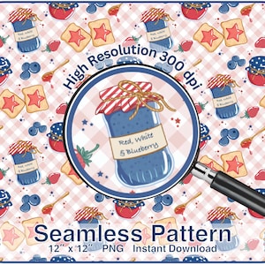 May include: Seamless pattern featuring patriotic elements like jars of red, white, and blueberry jam, star-shaped cookies, blueberries, and strawberries. The design is set against a pink and white checkered background. The text "Red, White & Blueberry" is visible.