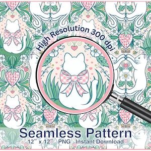 May include: Seamless pattern featuring white cats with pink gingham bows, strawberries, and floral elements in a repeating design. The pattern is hand-drawn and includes the text "Seamless Pattern 12" x 12" PNG Instant Download".