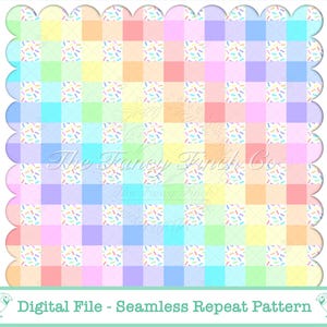 Op de afbeelding: Een digitaal naadloos herhalingspatroon in een regenboog dambordontwerp. Elk vierkant heeft een andere pastelkleur, met hagelslag in het midden. De afbeelding bevat de tekst "Digital File Only", "12" x 12"", "Hand Drawn", "High Quality" en "Instant Download".