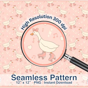 Puede incluir: Patrón sin costuras con gansos con patines, lazos y collares de corazón sobre un fondo rosa. El diseño incluye notas musicales y corazones. El texto "Seamless Pattern" y "12" x 12" PNG Instant Download".